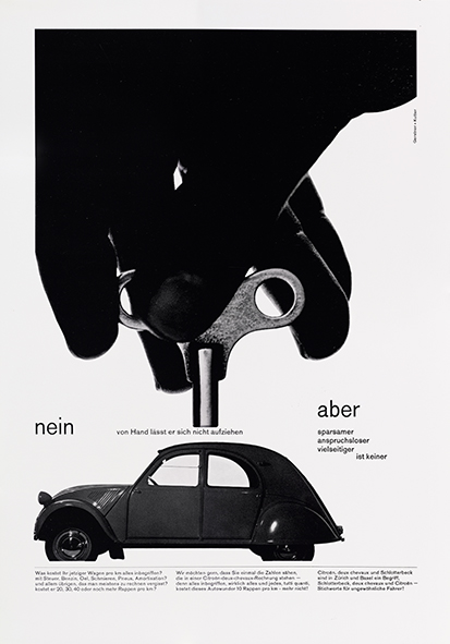 <div style='text-align:left;'>Schlotterbeck: Citroën 2CV<br>Advertisement / 1960 / Swiss National Library (NL), Bern, Archives Karl Gerstner</div>